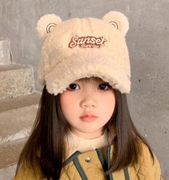 M692 New Autumn Winter Kids Baseball Cap Hat Letters Children Cartoon Bear Ear Peaked Cap Boys Girls Thickened Lamb Wool Warm Ball Cap Hats