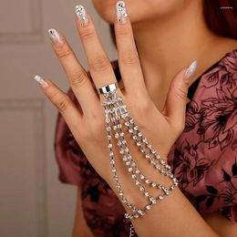 Link Bracelets Stone Fans Boho Rhinestone Finger Ring Bracelet For Bridal Wedding Simple Layered Cuff Hand Chain Jewelry Accessories