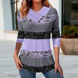 Women's Blouses Lady T-shirt Colorblock Button Decor 3d Print Long Sleeve Soft Plus Size Mid Length Pullover Fall Spring Top Cross V