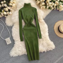 Basic Casual Dresses for Women Sexy Turtleneck Knitted Bodycon Dress Autumn Winter Long Sleeve Sweater 231207