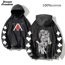 Men's Hoodies Anime X Printed Cotton Retro Washed Sweater Harajuku Style Street Hip-Hop Top Front Pocket Black