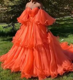 Evening Dresses A Line Prom Gown Off-Shoulder Party With Half Sleeve Organza New Custom Plus Size Lace Up Zipper Pleat