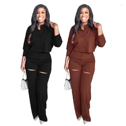 Casual Dresses Office Women Simple Slim Trousers Suit Spring And Autumn Solid Colour Long-sleeved Shirt & Hollow Out