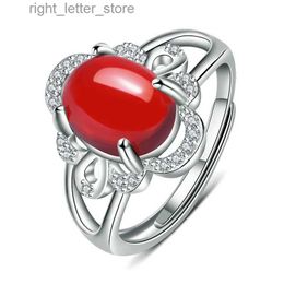 Solitaire Ring Vintage 925 Silver Jewellery Rings with Oval Red Zircon Gemstones Open Finger Ring for Women Wedding Engagement Party Wholesale YQ231207