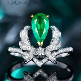 Solitaire Ring HOYON Original 18k Gold color ring 2023 Trend New Waterdrop Pear Crown Ring Imitation Emerald Color Treasure Two Tone Ring YQ231207