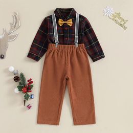 Clothing Sets Toddler Kids Baby Boy Gentleman Outfits Plaid Print Shirt Suspender Pants Bow Tie Fall Winter Dress Clothes