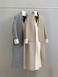 Women s Fur Faux Autumn Winter Elegant Double sided Cashmere Wool Coat Women Contrast patchwork V neck Scarf Overknee Long Overcoat Y4494 231207