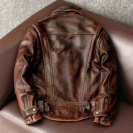 Men s Leather Faux Style Genuine Jacket Vintage Brown Cowhide Coat Men Slim Fashion Biker Asian Size 6XL Factory Drop 231207