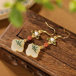 Dangle Earrings Women's Classical Flower Enamel With Red Beads And White Jade Pendent Drop