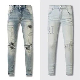 Trendy jeans ripped bone pattern leather stretch blue skinny jeans