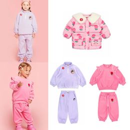 Clothing Sets 2023 Winter Korean Tulip Baby Pink Fleece Ruffle Sweatshirt and Pant Set Cute Girls Duck Down Jacket Coats Clothes 231207