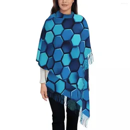 Scarves Women's Scarf With Tassel Abstract 3d Honeycomb Rendering Large Winter Fall Shawl Wrap Blue Hexagon Daily Wear Pashmina