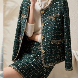 Two Piece Dress ZJYT Luxury Tweed Woollen Sets 2 Women Jacket and Skirt Suit Outfit Green Autumn Winter Vintage Office Lady Party 231206