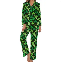 Women's Sleepwear St Patricks Day Pajamas Long Sleeve Shamrock Pattern 2 Piece Bedroom Set Daily Women V Neck Lovely Nightwear