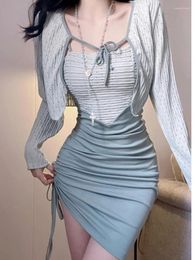 Work Dresses Winter Elegant Two Piece Dress Set Women Bow Sweet Coat Casual Strap Female Korean Fahsion Desinger Y2 2023