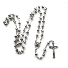 Pendant Necklaces QIGO Grey Crystal Rosary Necklace Long Vintage Cross Catholic For Women Men Religious Paryer Jewellery