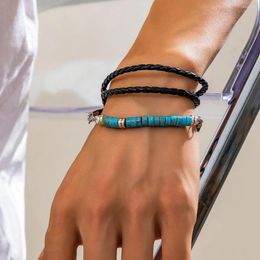 Charm Bracelets Trendy Selling Turquoise Beaded Bracelet For Men Ethnic Style Woven Multi-layered Leather Bracelet-Set