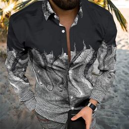 Men's Casual Shirts 2023 Autumn Lapel 3D Octopus Flow Colour Print Flower Spot Youth Long Sleeve Shirt