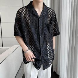 Men's Casual Shirts Summer Sexy Translucent Mesh Plaid Short-sleeved Shirt Men Niche Handsome High Street Jackets Male Clothes