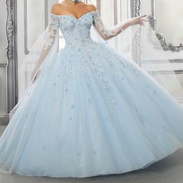 Sky Blue Shiny Quinceanera Dresses Applique Lace Crystal Sequined Ball Gown Off The Shoulder With Cape Corset Vestidos Para XV Anos