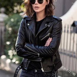 Women's Leather Spring Autumn Motorcycle Jacket Coat Elegant Collar Short Slim Fit Outerwear