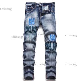 Amirs Jeans for Men Mens Jeans Ripped Jeans with Orange Stars Regular Fit Letter Embroidery Zipper Fly Black Medium Pencil Pants Designer 400
