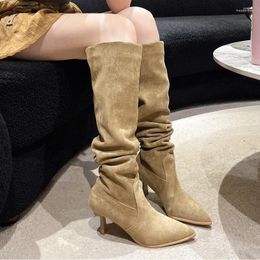 Boots Shoes Women Over Knee Luxury Designer Over-the-Knee Ladies High Heel Fashion Pointy Rubber Flock Solid Sewing Retro Slip-