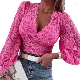 Women's Blouses Xingqing Lace Office Wear Elegant Women See Through Hollow Out V Neck Puff Long Sleeve Shirt Sexy Clothing Streetwear