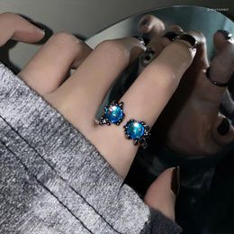 Cluster Rings Blue Opal Natural Stone With White Aesthetic Egirl Hollow For Women Y2K Trendy Ring Creative Finger Jewellery