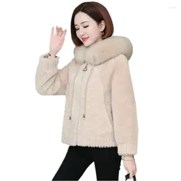 Women's Fur Autumn Winter Faux Sheep Shearing Jacket Women Collar Hooded Zipper Short Coat Thick Warm Lambswool Outerwear Female W123