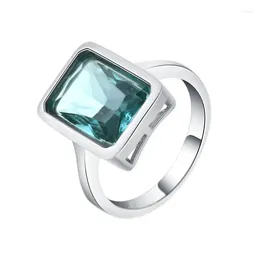 Cluster Rings Women's Fashion Silver Plated Square Cut Blue Zircon Ring Light Gems Crystal Princess Cocktail Party Jewelry