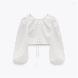 Women's Blouses 2023 Spring Women's White Round Neck Long Sleeve Hollow Embroidered Back Cross Lace Cropped Top