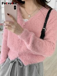 Women's Knits Fotvotee Pink Cropped Cardigan Women Sweater Korean Fashion Y2k White Sweet Knitted Casual Autumn Winter 2023 Long Sleeve Top