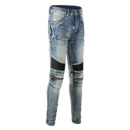 Men's Jeans Korean version slim fit motorcycle jeans, high street jeans, zipper splicing pants