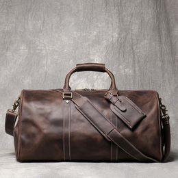 Duffel Bags Men's Leather Travel Bag Vintage Brown Cowhide Luggage Bag Man Carry On Handbag Weekender Bag Duffle Bag with Shoe Compartment 231207