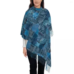 Scarves Womens Scarf With Tassel Blue Denim Jeans Pocket Patchwork Large Super Soft Shawl And Wrap Daily Wear Pashmina