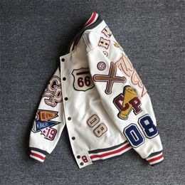 Men's Jackets Men's spring and autumn baseball uniform Y2K retro trend leather jacket heavy industry embroidery white short coat ins 231206