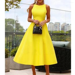 Casual Dresses Wepbel Yellow Sleeveless Dress High Waist A-line Cute Summer Women Solid Color Tank Tops Sweet Big Swing Maxi