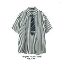 Men's Casual Shirts Xpkaeax Original Fashion Brand Summer Short Sleeve Striped Shirt Tie Decoration Couple Ins Trendy All-Matching Coat