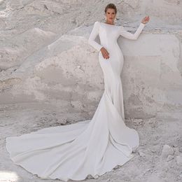 Summer Long Sleeve Mermaid Wedding Dress 2024 Boat Neck Simple Bridal Gown For Women Satin Backless Train Vestidos De Novia