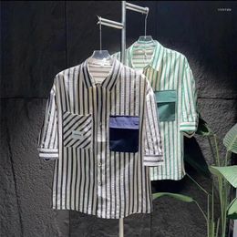 Men's Casual Shirts Striped Contrasting Colour Three-quarter Sleeve Shirt Summer Turndown Collar Simple Single-breasted Pocket Tops