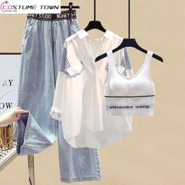 Women's Two Piece Pants Spring and Summer Set 2023 Korean Fashion Shirt Top Casual Tank Wide Leg Jeans Three 231207