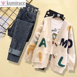Women's Two Piece Pants 2023 Winter Personalized Letter Printing Knitted Sweater Cardigan Jacket Casual Jeans Elegant Set 231207