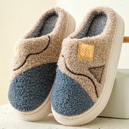 Slippers Winter Couples Furry Color Patchwork Cotton Women Men Home Flip Flops Indoor Non-Slip Plush Slides