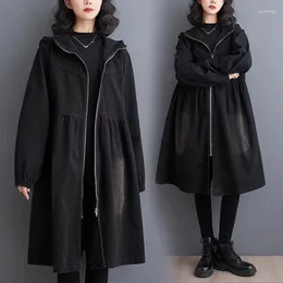 Women's Trench Coats Retro Washed Oversized Denim Jacket 2024 Early Spring Casual Loose Black Hooded Zipper Jeans Windbreaker Coat Outerwear