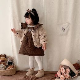 Clothing Sets 2023 Winter Korean Baby Girl 3PCS Set Polka Dot Fur Coat Quilted Cotton Sleeveless Dress Fleece Tops Suit Toddler Outerwear