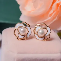 Stud Earrings Natural Fritillary Camellia Fresh Water Pearl 14K Gold Injection Simple Sterling Silver Needle