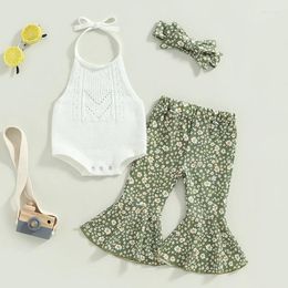 Clothing Sets Born Summer Baby Girl Outfits Halter Knit Romper Floral Flare Pants Headband Set Infant Clothes 0-24M