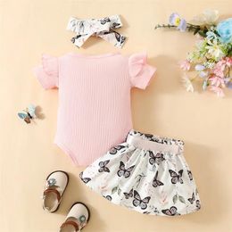 Clothing Sets Infant Baby Girls Ribbed Romper MAMA IS MY IE Ruffled Skirt Headband Big Bow 3PCS Clothes Set