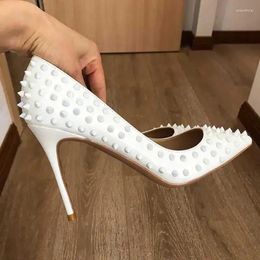 Dress Shoes White Full Spikes Women Sexy Pointed Toe Stilettos High Heels Ladies Chic Pumps Slip On Party Plus Size 34-45